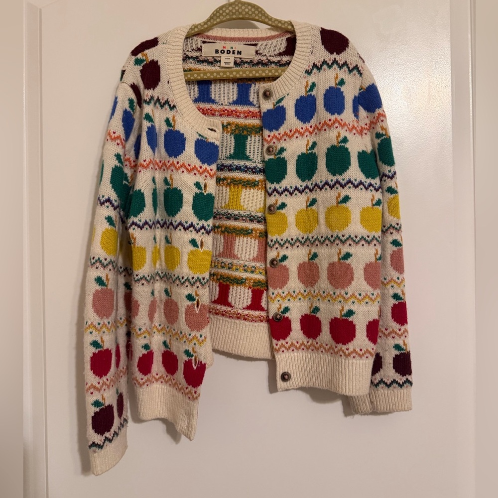 Boden Cream Multicolor Apple Patterned Cardigan Size 5